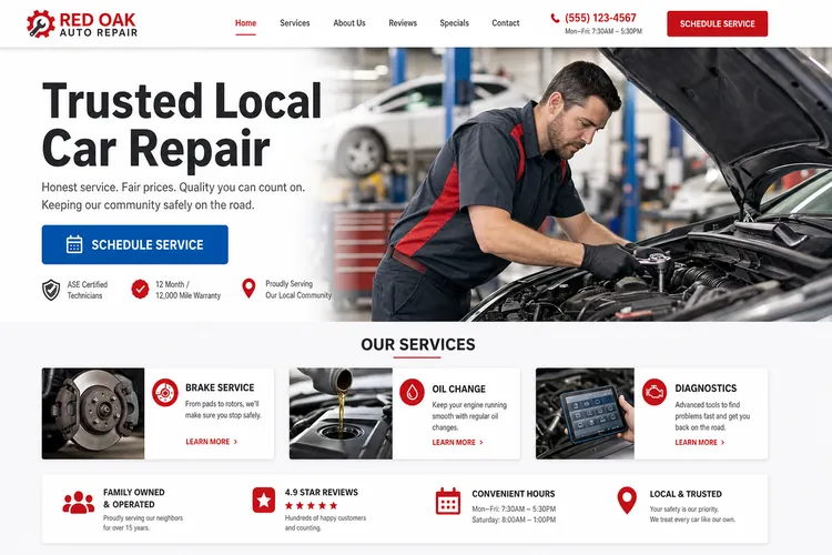 Example auto repair shop website homepage