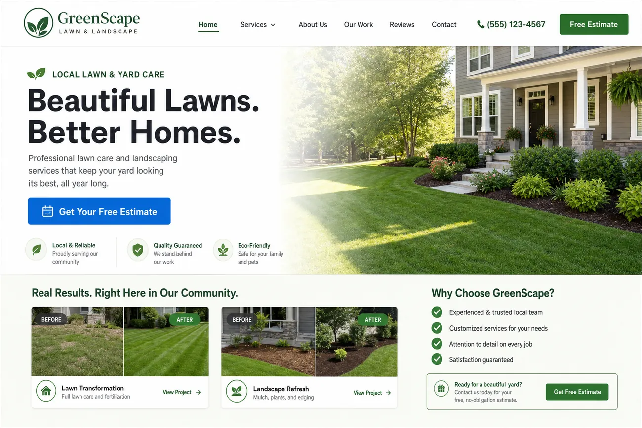 Example lawn and landscape website homepage