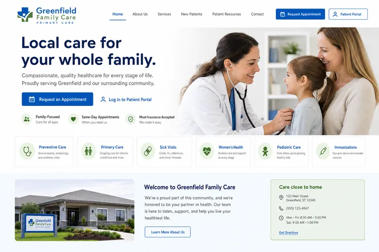 Example primary care clinic website homepage