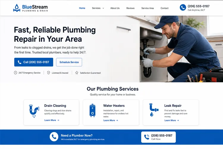 Example homepage for a local plumbing company with service cards and a call button