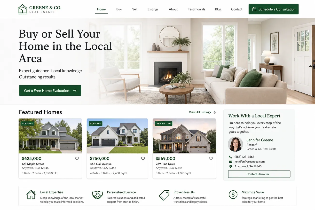 Example homepage for a local real estate agent with property listings
