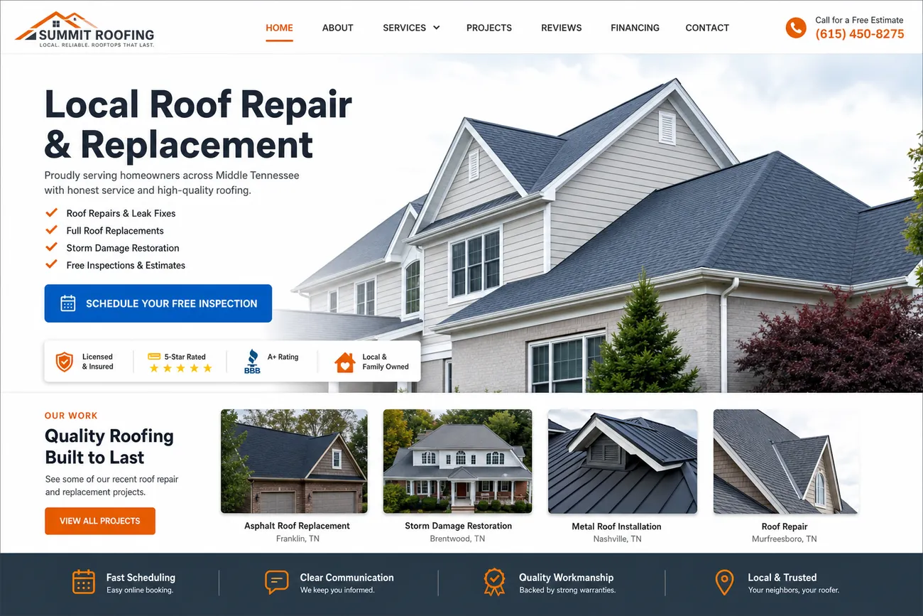 Example roofing contractor website homepage