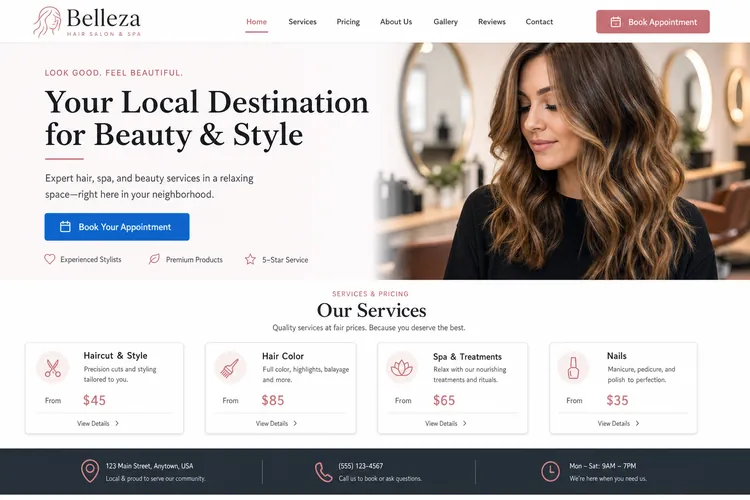 Example homepage for a local hair salon and spa with booking